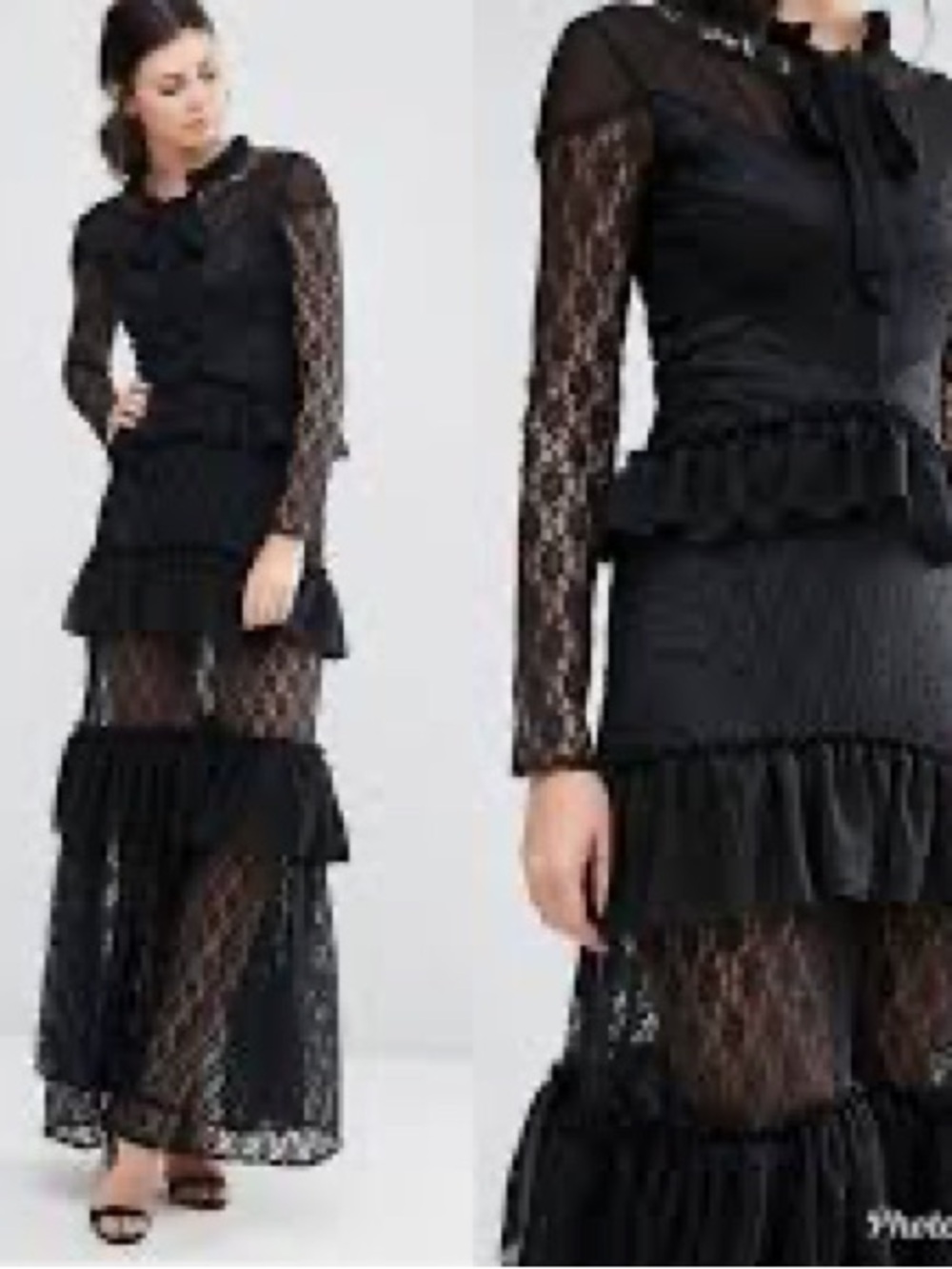 True Decadence Black Lace Tiered Maxi Dress with Bow Neck